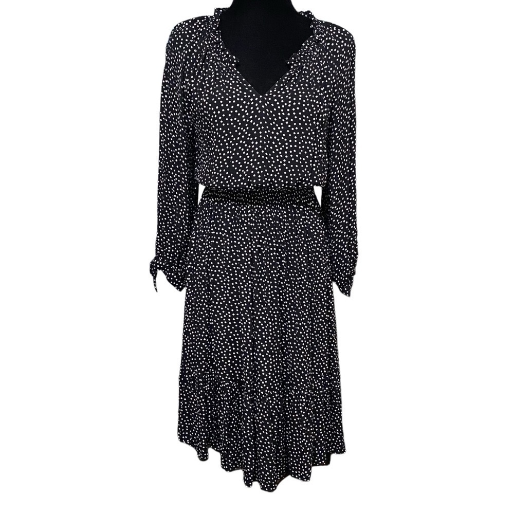 Talbots Black White Dot Whimsigoth Midi Dress Tie Sleeves Size Small